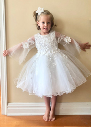 Bell Sleeves Ivory Lace Tulle Pearls Flower Girl Dress